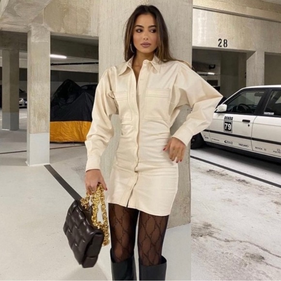 Zara | Blogger Fav Off-White Button-Up Cinched Waist Button Down Dress ~ Small - Picture 3 of 11